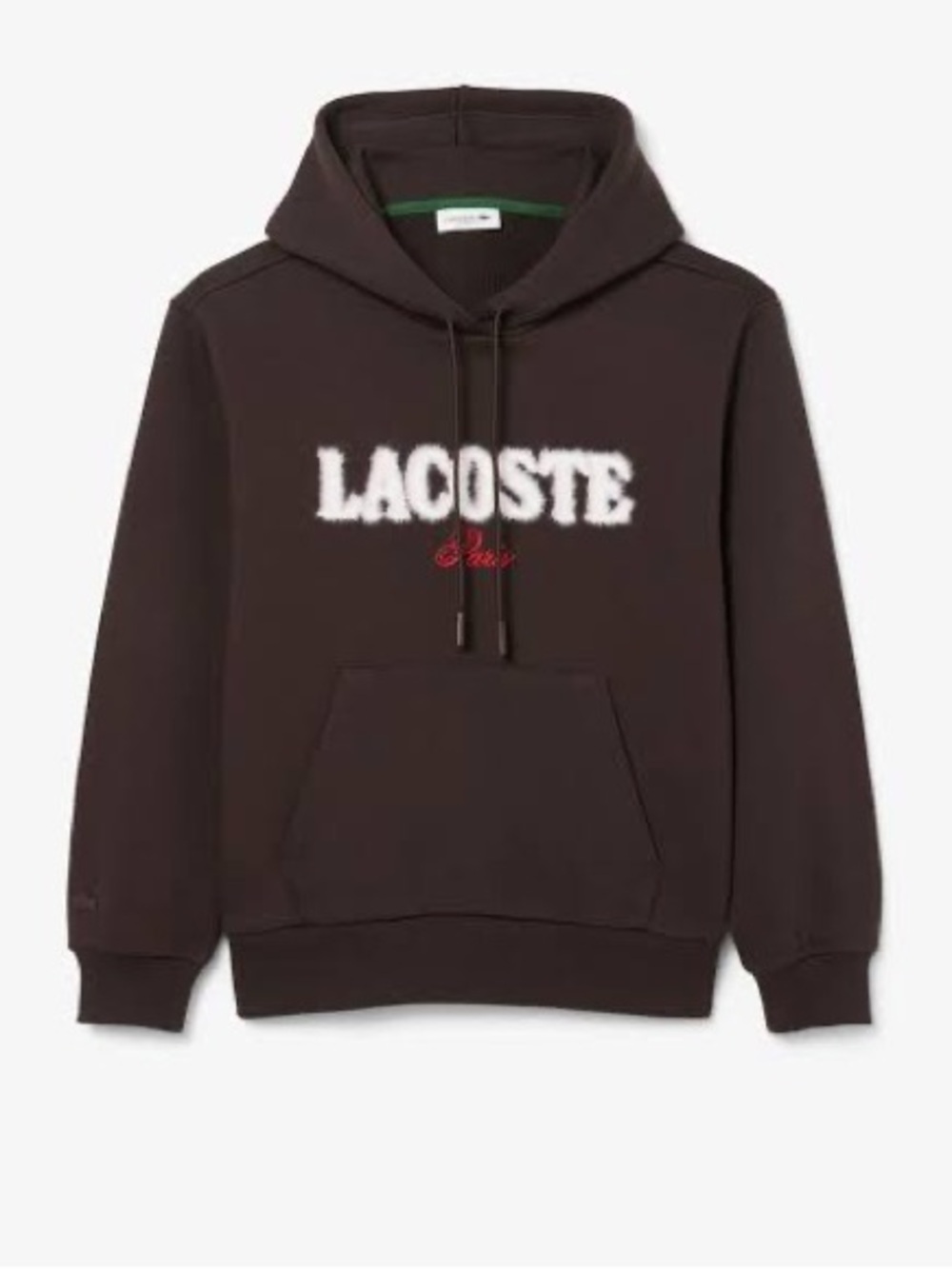 Lacoste Brown Hoodie with Fuzzy White Logo and Red Paris Script